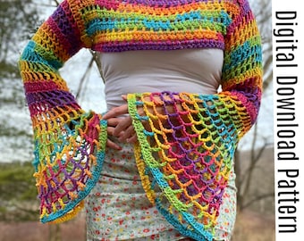 The Manic Pixie Shrug - Crochet Shrug Sleeves Pattern - Bolero Mesh Flared Sleeve Crochet Top
