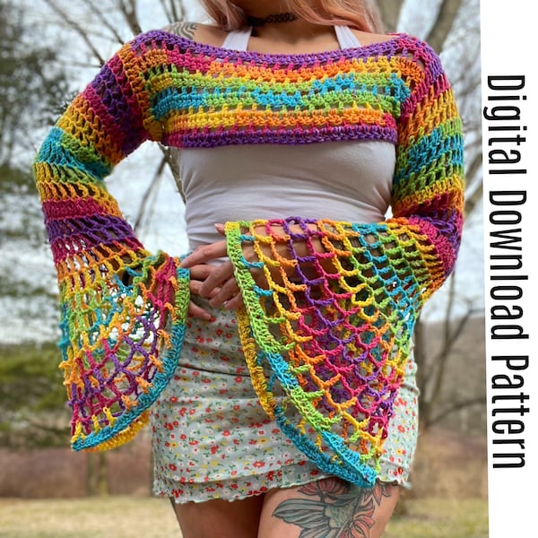 The Manic Pixie Shrug - Crochet Shrug Sleeves Pattern - Bolero Mesh Flared Sleeve Crochet Top