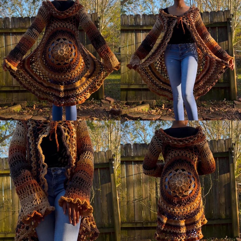 May include: A long, crocheted cardigan with a brown, orange, and blue color scheme. The cardigan has a hood and a bell-shaped hemline. The cardigan is shown being worn by a person with blue jeans.