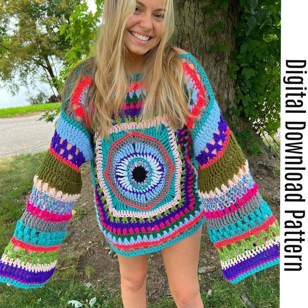 The Caroline Eye Sweater Pattern - Eye Crochet Sweater - Evil Eye/Third Eye Crochet Cardigan PDF Digital Download - Trippy Sweater Pattern