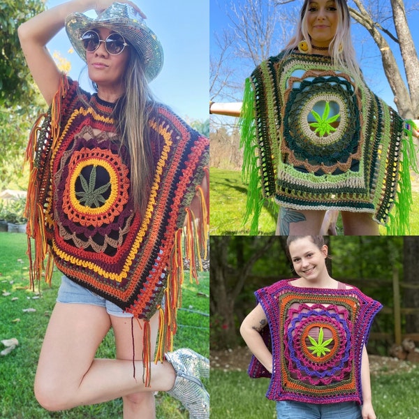 Le modèle Cape Cannabliss - poncho en Pot Boho 420 au crochet PDF - poncho à franges hippie trippy, haut festival camouflage fashion fée lutin