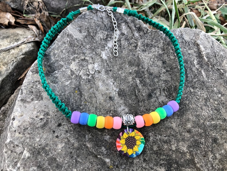 Kandi Pony Bead Festival Necklace Sunflower Hemp Choker Sunflower Pendant Hemp Necklace Hippie Boho Rave Rainbow Pride Flower