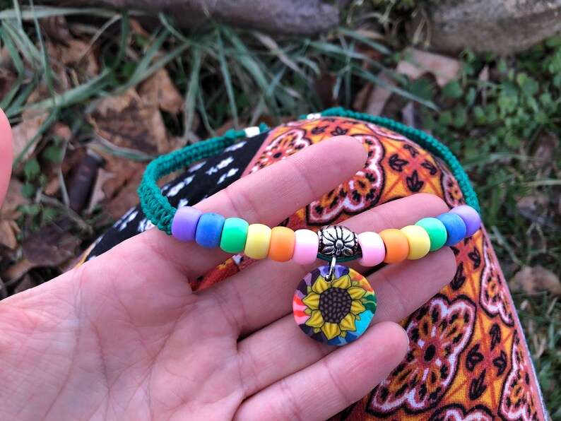 Kandi Pony Bead Festival Necklace Sunflower Hemp Choker Sunflower Pendant Hemp Necklace Hippie Boho Rave Rainbow Pride Flower