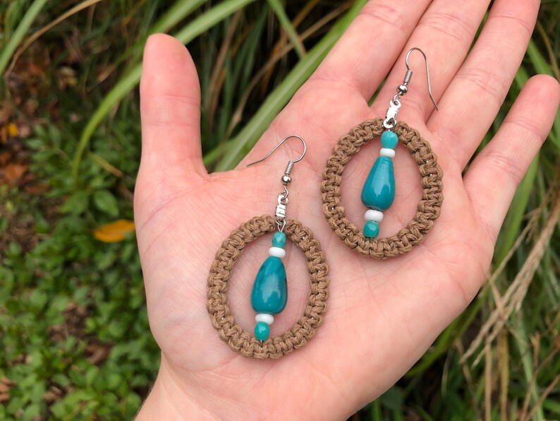 Handmade Psychedelic Boho Jewelry Hemp Earrings Hoop Earrings Hippie Trippy Earring Set Hemp Jewelry