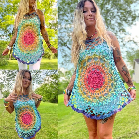 crochet mandala dress Sundial Pattern: Tunic, Bell Sleeve Boho Coverup (digital Download) Category_GardenPartyDresses our Carla Poncho Dress Yellow Wallis Floral Chiffon Crochet tutorial Size:L(Within 7.5kg)