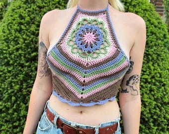 The Starflower Halter Top Pattern - Crochet Mandala Crop Top - Flower Child Hippie Festival Pattern
