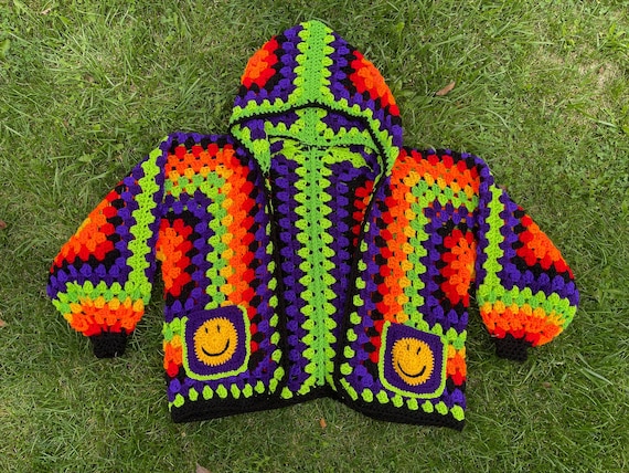 Made-to-order Crochet Hexagon Cardigan: Neon Smiley Face Festival
