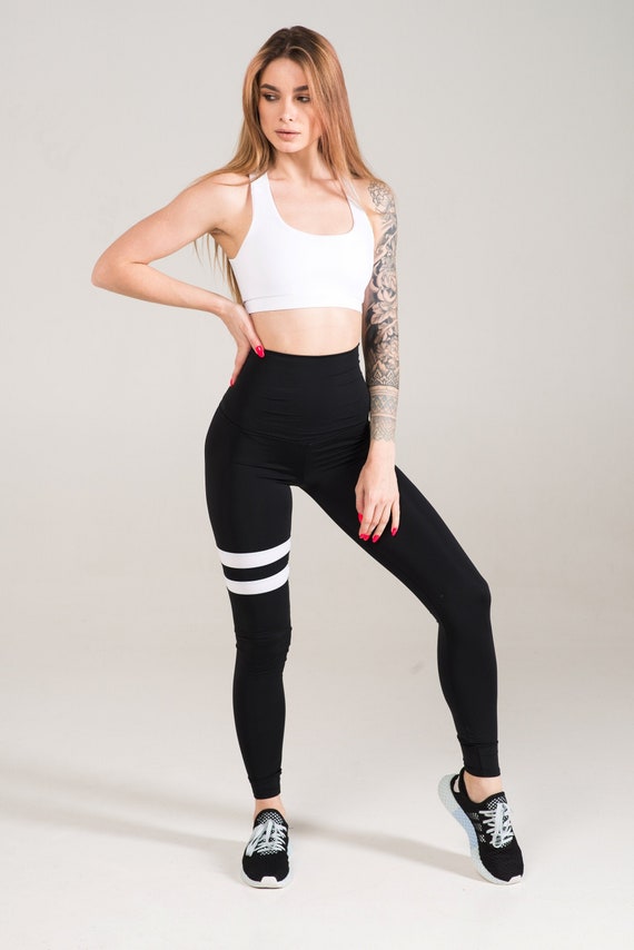 Black Mid-rise Leggings With White Stripes Comfortable - Etsy