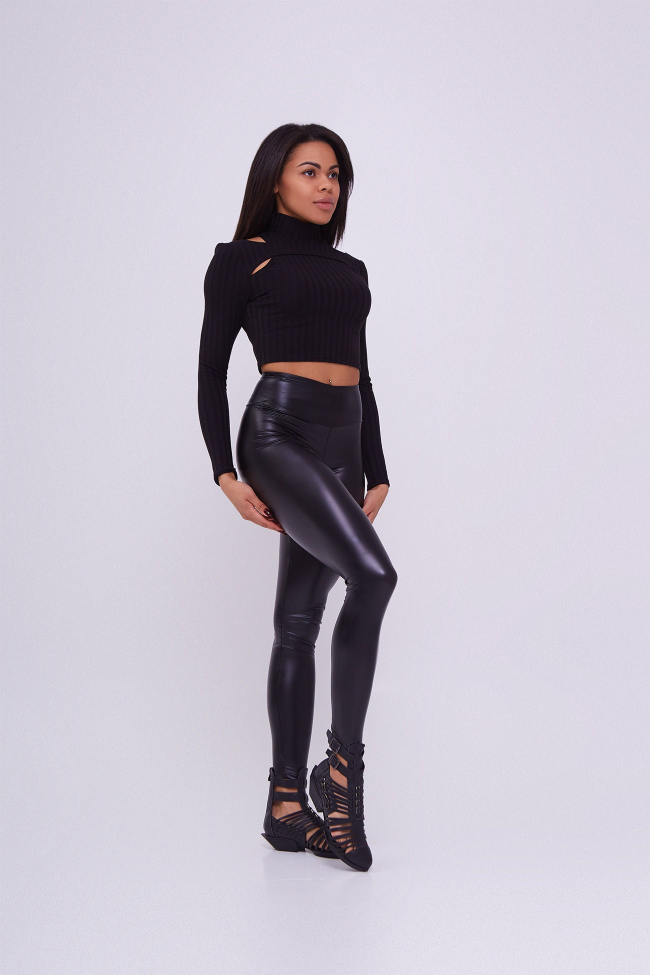 Short Knitted Black Crop Top With Cuts 