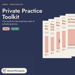 May include: A Private Practice Toolkit bundle featuring five digital documents with cream-colored backgrounds, pink accents, and dark text. The documents include an AI Prompt Library, and the overall design uses a dark blue background with white text.