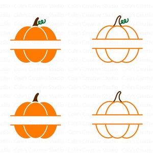 May include: Four split pumpkin designs for crafting. Two pumpkins are orange with a white split line, and two are orange outlines with a white interior and a white split line.