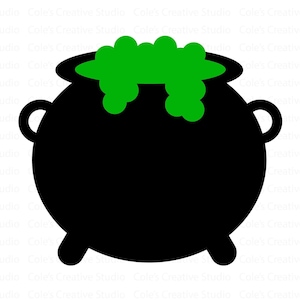 May include: A black cauldron with green bubbling liquid inside. The cauldron has two handles and three short legs.
