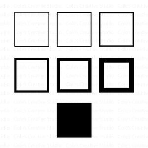 May include: A set of six black and white square frames. The frames are arranged in a pattern of three rows. The top row has three frames, the middle row has three frames, and the bottom row has one frame. The frames are all the same size and shape.
