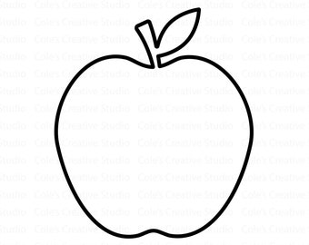 May include: A black and white outline drawing of an apple with a leaf on top.