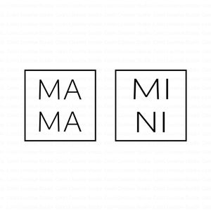 May include: Black and white graphic design with the words "MA MA" and "MI NI" in two separate squares.