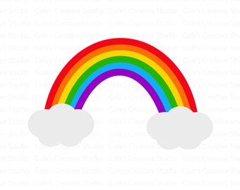 May include: A rainbow with red, orange, yellow, green, blue, indigo, and violet stripes. The rainbow is arched over two white clouds.