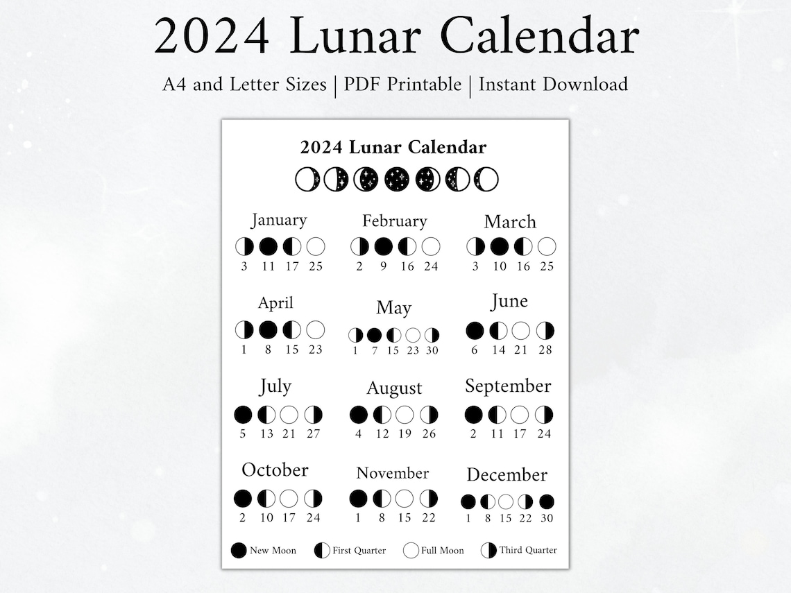 2024 Moon Calendar, Moon Phase Calendar, Lunar Calendar, 2024 Lunar