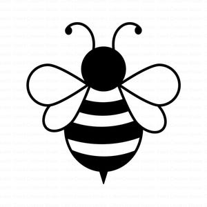 May include: A monochrome illustration of a bee. The bee features a circular head with two antennae and two wings on each side. The body is striped with black and white bands. The bee has a stinger at the end of its body.