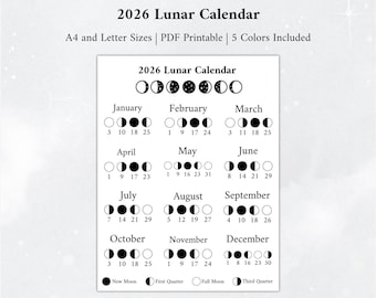 2026 Moon Calendar, Moon Phase Calendar, Lunar Calendar, 2026 Lunar Calendar, 2026 Calendar, Moon Calendar, 2026 Moon Phase Calendar