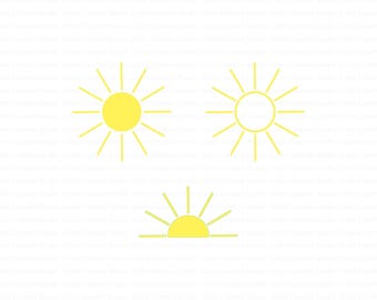 Op de afbeelding: Drie gele zonillustraties op een witte achtergrond. De zonnen worden in verschillende stijlen weergegeven: een volle cirkel met stralen, een omtrek met stralen en een halve cirkel met stralen. De ontwerpen zijn eenvoudig en grafisch.