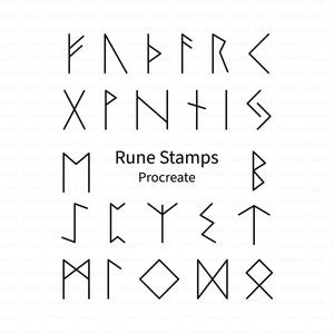 Op de afbeelding: Een verzameling zwarte runensymbolen op een witte achtergrond. De tekst "Rune Stamps Procreate" staat gecentreerd onder de symbolen. De runen hebben een geometrisch en hoekig ontwerp.