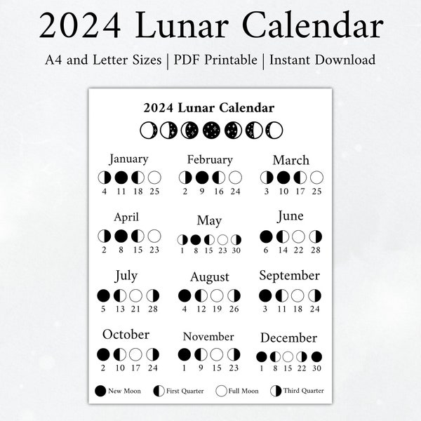 2024 Moon Calendar, Moon Phase Calendar, Lunar Calendar, 2024 Lunar Calendar, 2024 Calendar, Moon Calendar, 2024 Moon Phase Calendar