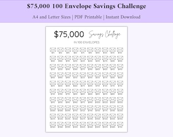 May include: A printable savings challenge chart with 100 envelopes. Each envelope is labeled with a dollar amount, starting at $15 and increasing by $15 up to $750. The chart is titled "$75,000 Savings Challenge in 100 Envelopes".