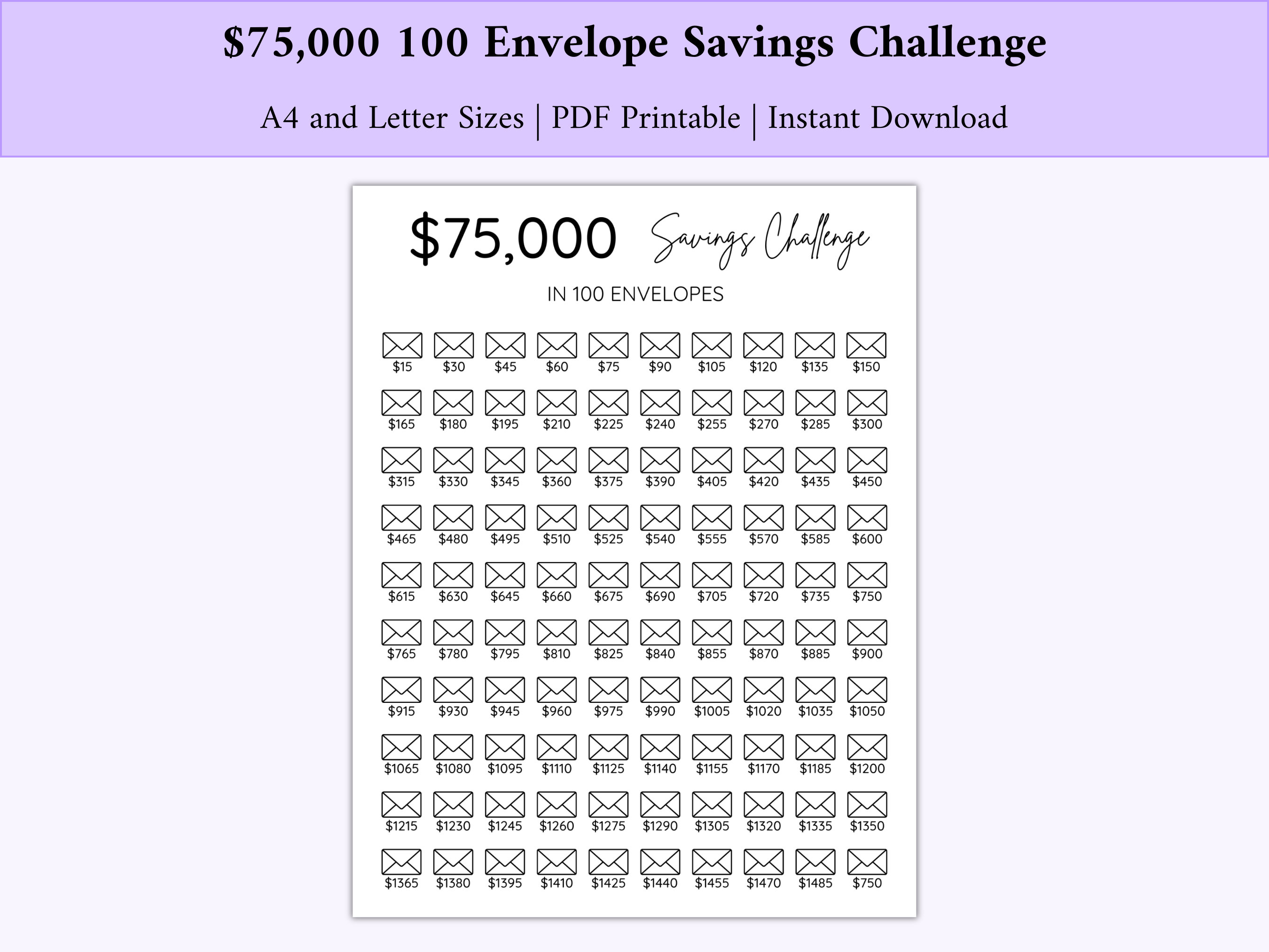 75,000 貯金チャレンジ 印刷可能、100 封筒チャレンジ 印刷可能、お金貯金チャレンジ、75k 貯金トラッカー、75k 封筒トラッカー