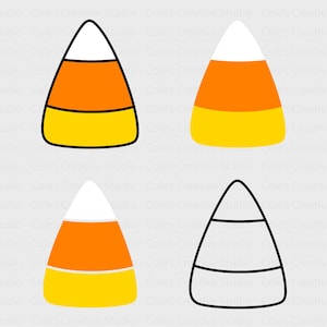 May include: Four illustrations of candy corn. Two are filled in with orange, yellow, and white, and two are outlined in black.