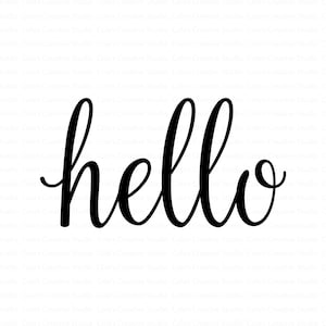 Könnte beinhalten: Schwarzer "Hallo"-Text in Schreibschrift auf weißem Hintergrund. Das Wort ist in einer fließenden, eleganten Schrift geschrieben, wobei die Buchstaben verbunden sind. Das Bild ist einfach und sauber, mit Fokus auf dem Wort selbst.