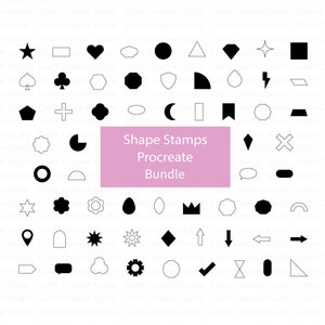 Może przedstawiać: Zestaw 48 czarno-białych stempli kształtów do Procreate. Stempelki zawierają różne kształty, takie jak gwiazdy, serca, koła, kwadraty, trójkąty i wiele innych.
