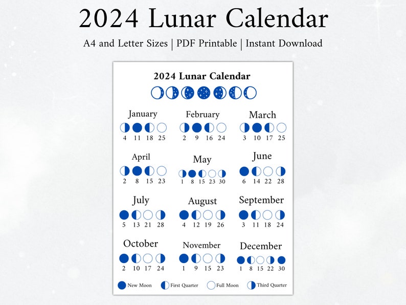 2024 Moon Calendar, Moon Phase Calendar, Lunar Calendar, 2024 Lunar