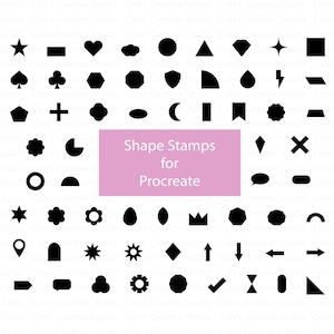 May include: A set of 48 black shape stamps for Procreate, a digital art app. The stamps include basic shapes like stars, hearts, circles, squares, and more.