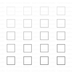 Op de afbeelding: Een raster van vijfentwintig gelijkmatig verdeelde, omrande vierkanten. De vierkanten zijn gerangschikt in vijf rijen van vijf. De omtrekken zijn zwart en de vierkanten staan tegen een witte achtergrond. De afbeelding heeft een strakke, minimalistische esthetiek.