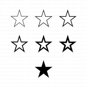 Può includere: Illustrazione di sette stelle in bianco e nero. Le stelle sono presentate in vari stili, tra cui contorni, riempimenti e contorni con un bordo più spesso. Le stelle sono disposte in due file e una singola stella in basso.