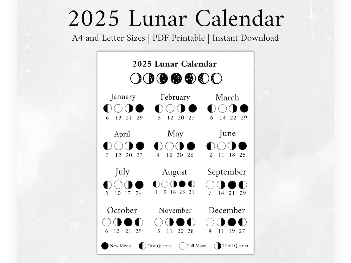2025 Moon Calendar, Moon Phase Calendar, Lunar Calendar, 2025 Lunar Calendar, 2025 Calendar