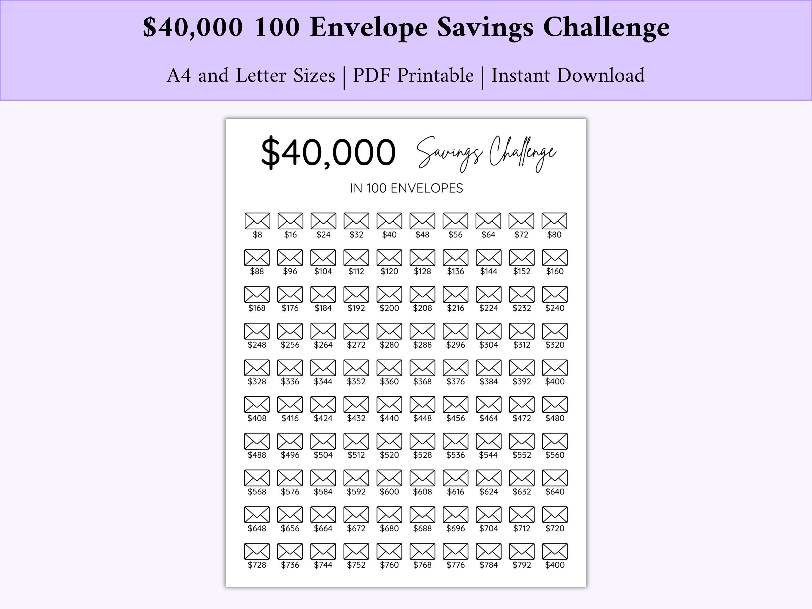 40,000 Savings Challenge Printable, 100 Envelope Challenge Printable ...