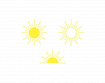Op de afbeelding: Drie gele zonillustraties op een witte achtergrond. De ontwerpen omvatten een effen zon met stralen, een zoncontour met stralen en een halve zon met stralen. Geschikt voor diverse designprojecten.