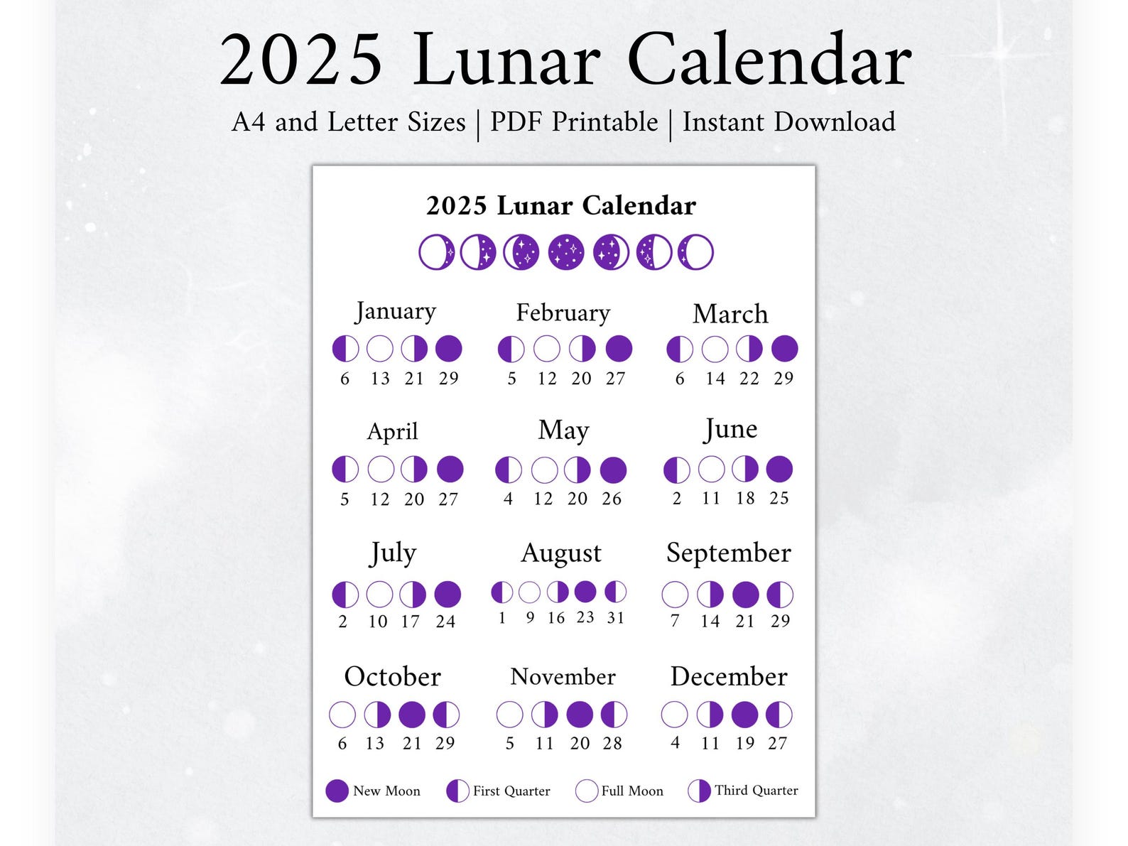 2025 Moon Calendar, Moon Phase Calendar, Lunar Calendar, 2025 Lunar