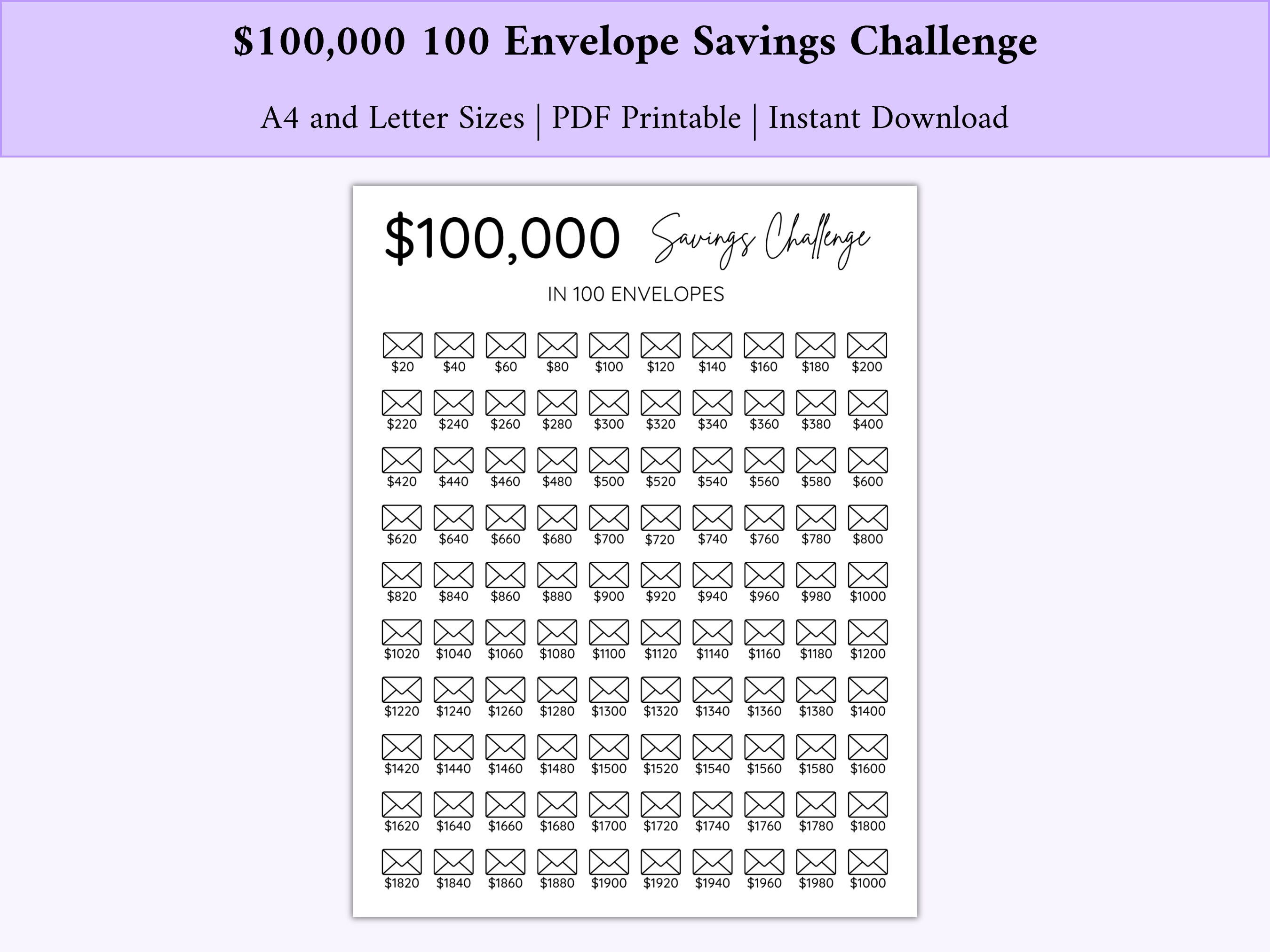 100,000 Savings Challenge Printable, 100 Envelope Challenge