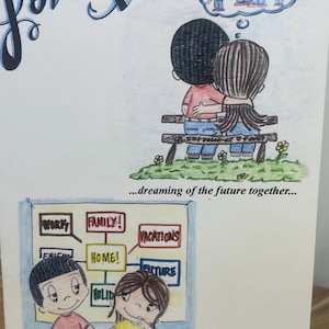 May include: A greeting card with the words "Love Is..." in cursive. The card features illustrations of a couple embracing, dreaming of the future, and planning a life together, with text bubbles showing family, home, and vacations.
