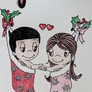 May include: A hand-drawn illustration of a couple holding hands, each in a Christmas stocking. The stockings are red and pink with snowflake designs. The text reads "Loves..." and "...always hanging out together..."