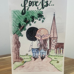 May include: A hand-drawn illustration of a couple walking towards a church. The couple is holding hands and the woman is wearing a hat. The text "Love is..." is written at the top of the image.