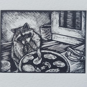 Raccoon Making Tortillas, Raccon Cooking Traditional Mexican Food, Original Linocut Print, Raccoon Art Print, Maize Artwork, Print.