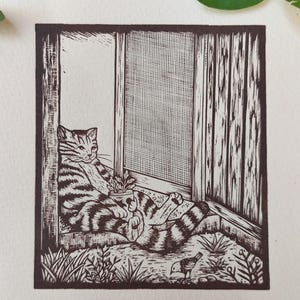 猫のアートワーク、猫と植物のアート、猫のアートプリント、オリジナルの猫のプリント、植物の壁アート、リノカットプリント、限定版