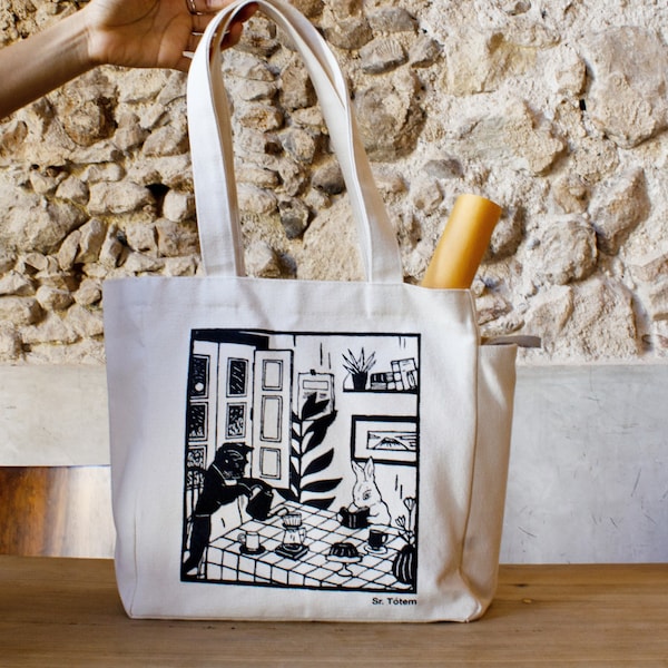 Limited Edition Origami Print Tote Bag, Rabbit and Cat Large Capacity Tote Bag, Handmade Tote Bag, Original Linocut Print Illustration