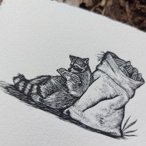 Raccoon and Maize Artwork, Raccon Art Print Original Linocut Print, Raccoon Art Print, Maize Artwork, Print.