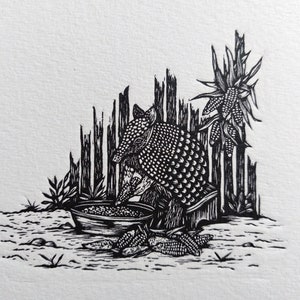 Armadillo Artwork, Armadillo Print, Mexican Tradition, Farmer Print, Milpa Original Linocut Print, Block Print, Lino Print, Limited Edition