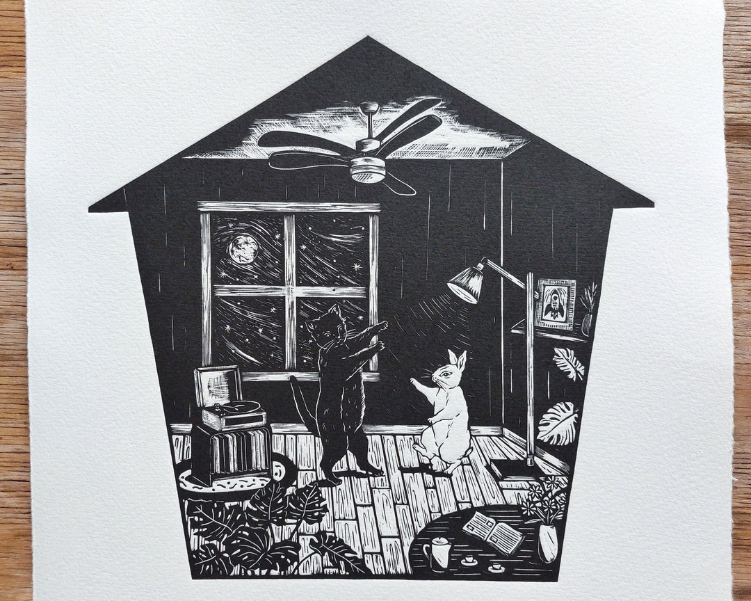Cat & Rabbit Dancing, Cat Artwork, Home Art, Rabbit Art Print, Original ...