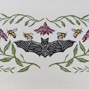 Bat Print, Bat Artwork,  Original Linocut Print, Lino Print, Bees, Limited Edition